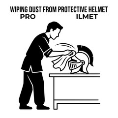 Naklejka premium Person Wiping Dust from Protective Helmet Using Cloth.