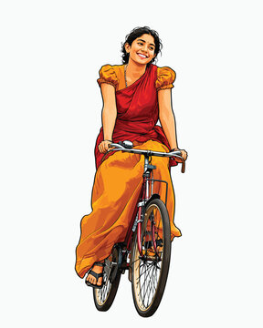 Indian lady happily riding cycle in traditional style vector illustration
