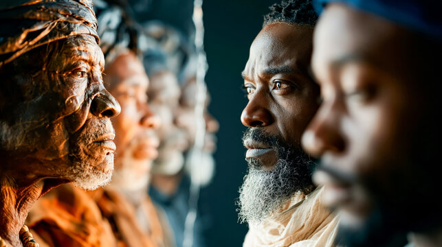 Multi-generational portrait of diverse Black individuals in profile. Concept of heritage, identity, unity, culture, diversity, inclusion and community strength. black history month.