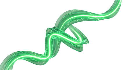Naklejka premium Glowing green spiral wave, abstract liquid glass swirl, luminous neon energy trail on white background