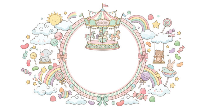 A whimsical pastel vector frame featuring a circus carousel, rainbows, clouds, sun, stars, candies, and cute animals on a clean white background.