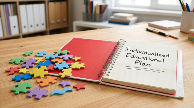 IEP, education plan, notebook, puzzle pieces, learning, special education, classroom