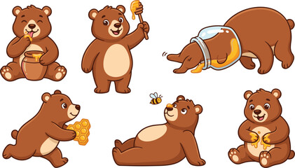 Fototapeta premium Cute grizzly bear cartoon character vector set with brown cub eating sweet honey from pot honeycomb glass jar sticker icon