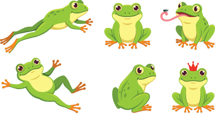 Cute green frog cartoon character vector set with funny toad jumping catching fly eating bug wearing crown prince fairy tale sticker