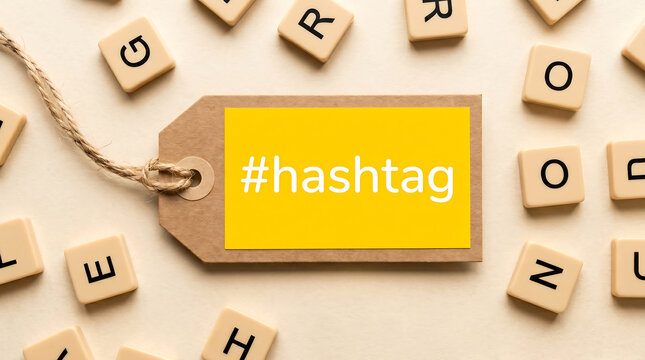 Social media hashtag, yellow tag, wooden letters, typography, communication symbol