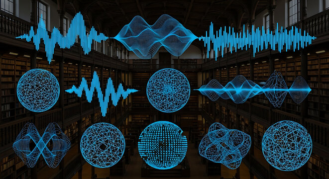 Digital technology blue audio waveforms and abstract geometric circuit patterns in library setting with technology waveforms geometric abstract connection communication information patterns