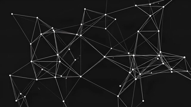 Animated white nodes and connecting lines forming a floating plexus network on a pure black background. Ideal for tech, AI, data, and science motion backgrounds.