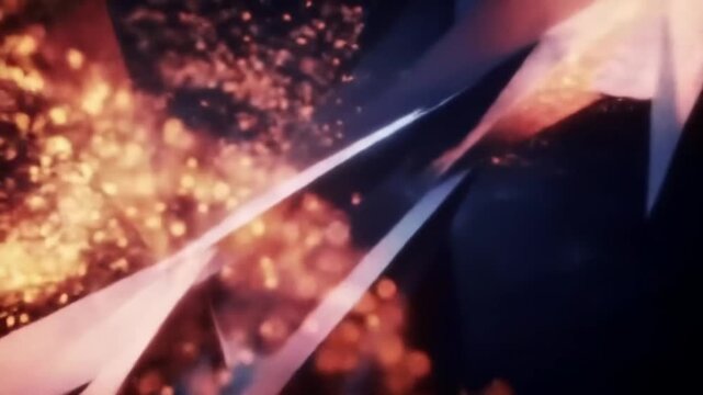 Sharp geometric aircraft flying through fire and sparks.