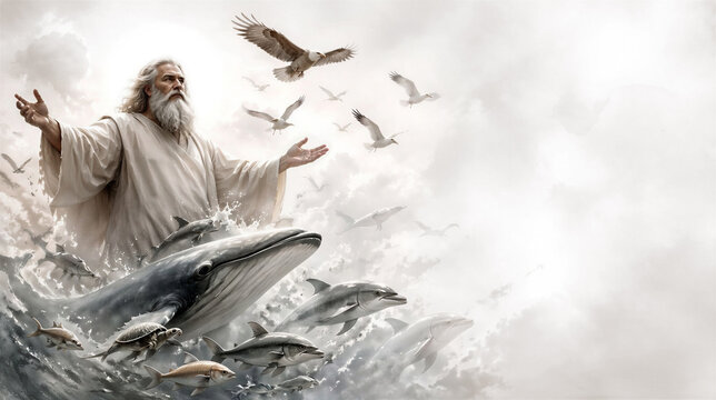 God created all the living creatures that fill the waters and the skies. The fifth day of creation, bible scene concept. Artistic minimalist art with copy space.