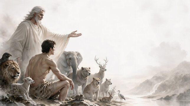 God created all the land animals and the first humans. The sixth day of creation, bible scene concept. Artistic minimalist art with copy space.