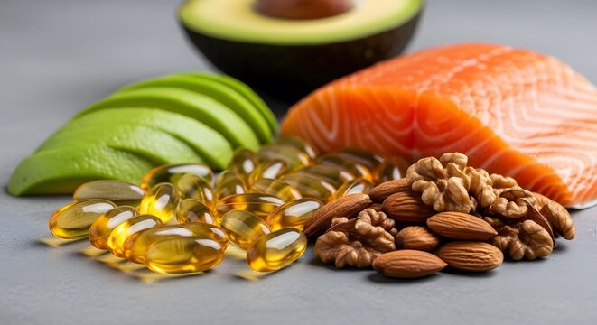 Healthy fats and omega 3 supplements on a grey background.