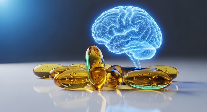 Golden omega 3 fish oil capsules with a glowing digital brain illustration.