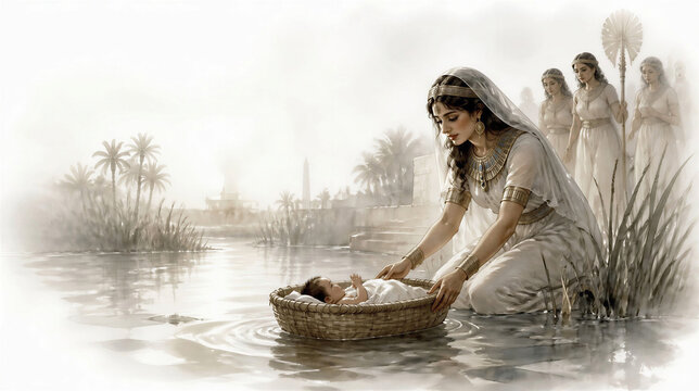 Baby Moses found by the Egyptian princess. Biblical scene concept. Artistic minimalist art with copy space.