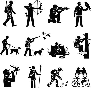 Twelve black vector icons showcasing various hunting activities including bow hunting crossbow use falconry dog training waterfowl hunting and scouting techniques.