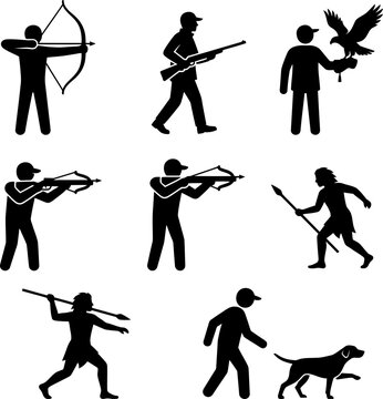 Hunting icons set with hunters archery bow crossbow spear dog walking people silhouettes collection for outdoor recreation wilderness sports activities design elements.