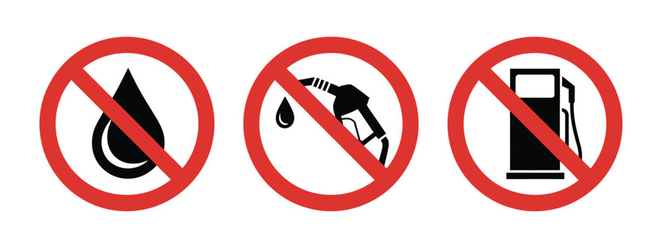 Fuel restriction vector icons, no petrol pump, gasoline, diesel and oil symbols for prohibited area signs, safety communication design.