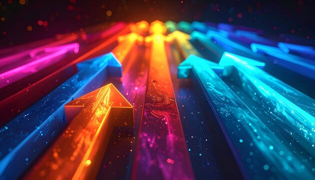 Vibrant arrows glow in bold colors. Light trails pulse with energy and motion
