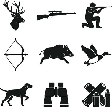 Hunting collection with deer head, rifle with scope, kneeling hunter, bow with arrow, running boar, flying duck, hunting dog, binoculars, and ammunition.