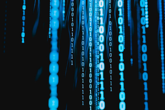 Glowing green binary code streams flow vertically against a dark background, representing digital data and technology concepts.