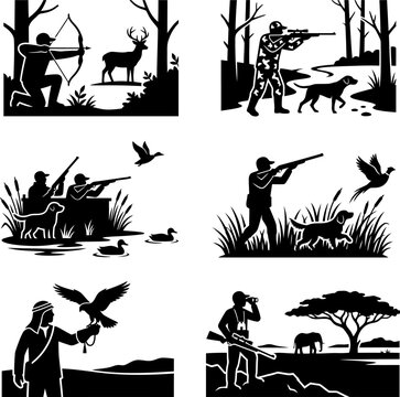 Action hunting scenes with archers riflemen duck shooters and falconry featuring animals and outdoor environments in black silhouette style for sports concepts.