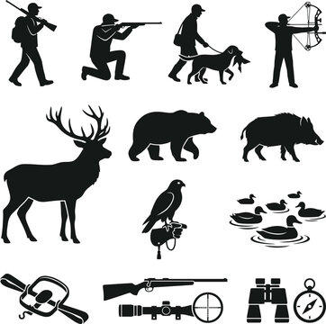 Set of hunting silhouette vector elements including bowman sportsmen wildlife animals deer bear boar bird dog silhouettes camping gear traps binoculars rifle scope icon.