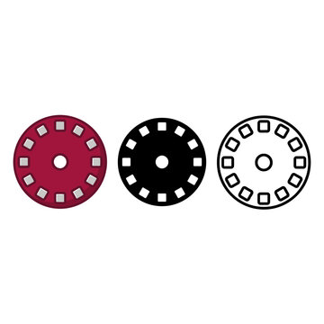 Three colored circular objects with small squares around the edge and a hole in the center  industrial graphic elements