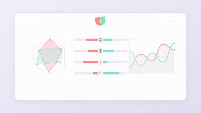 Animated data visualization dashboard showing comparative performance metrics through radar and line charts.