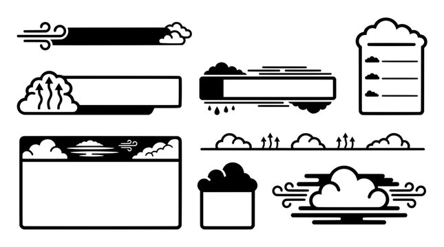 Set of black and white empty weather forecast UI list boxes and panels. Features clouds, rain drops, wind lines, and arrows for interface design
