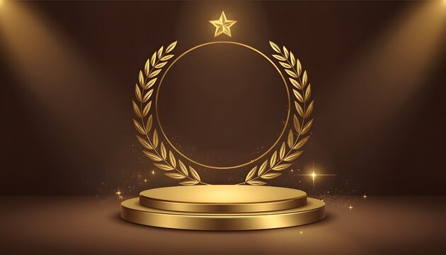 Golden shiny award sign with laurel wreath isolated on dark luxury background with golden glitter and beam of light.