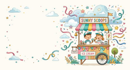 Two cheerful children serve delicious treats from a vibrant "Sunny Scoops" ice cream cart surrounded by playful clouds and colorful confetti. © Regina