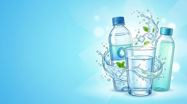 Refreshing mineral water in bottle and glass with ice and mint