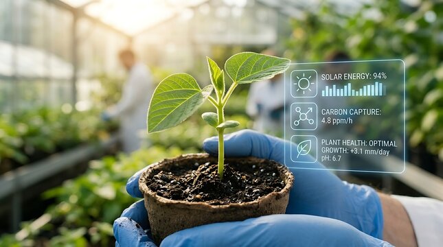 Smart farming scientist holding seedling with digital data overlay