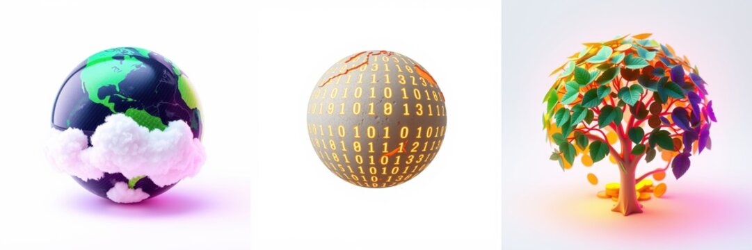 Three spheres represent earth, data, nature. Clouds surround globe, binary code covers second sphere, leaves adorn third.
