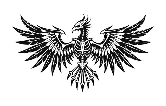 Gothic skeletal eagle phoenix illustration featuring majestic spread wings and dark mythical bone anatomy design