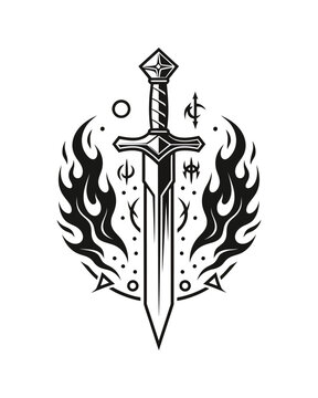 Stylized black fantasy sword with dark flames and mystical occult symbols for gaming or tattoo art