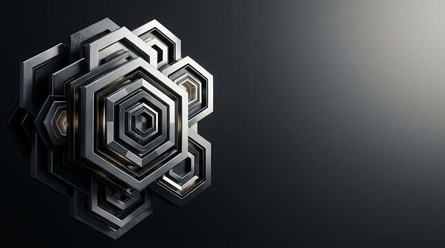 Futuristic metallic hexagonal 3d abstract object on dark background