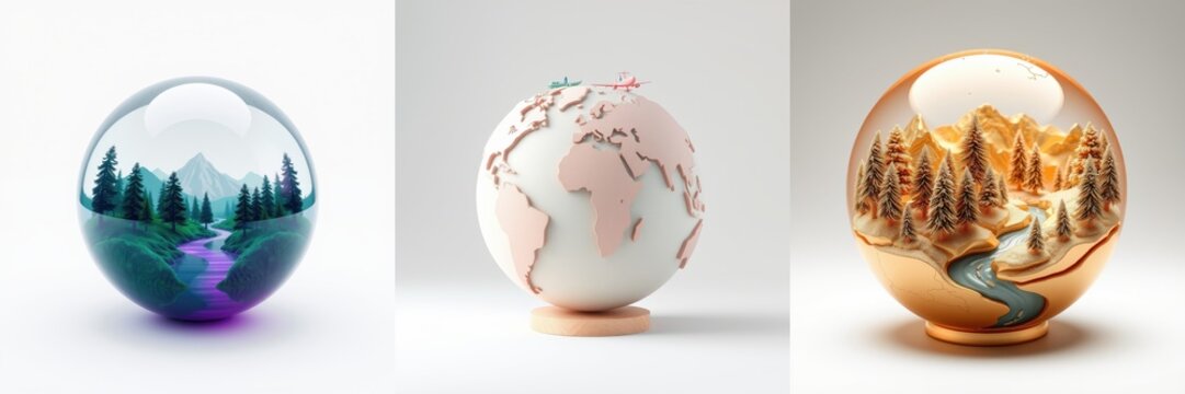 Three spherical objects display miniature landscapes. Each globe features forests, rivers, mountains, differing color schemes. Artistic presentation.