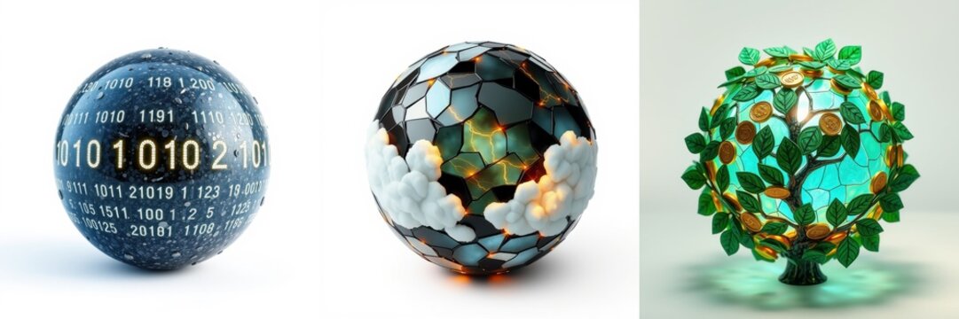 Three glowing spheres represent data, earth, nature. Digital code covers first sphere, mosaic second, tree third.