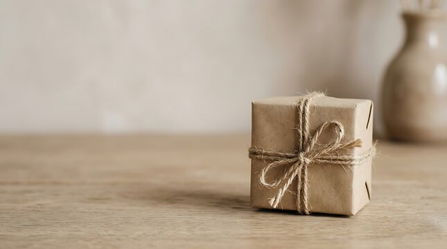 Minimalist brown paper gift box tied with rustic string on wood