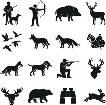 Hunter with rifle and dog hunting wild boar and deer, bow hunter aiming arrow, flying ducks, fox and wolf, man riding horse, hunter with dog, deer head, moose head, 