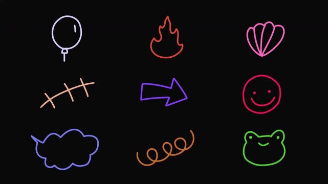Neon Doodle Elements Pack Loop Animation Transparent Background