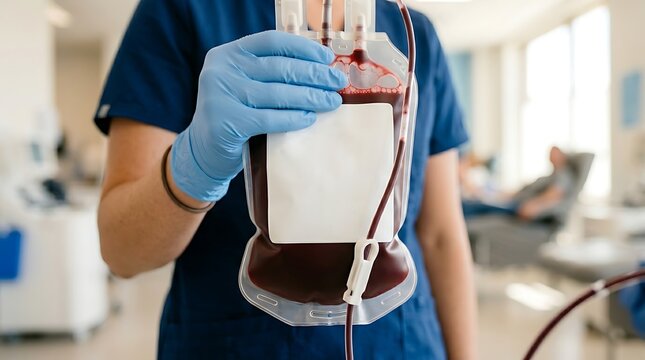 Medical professional holding a bag of donated blood in clinic