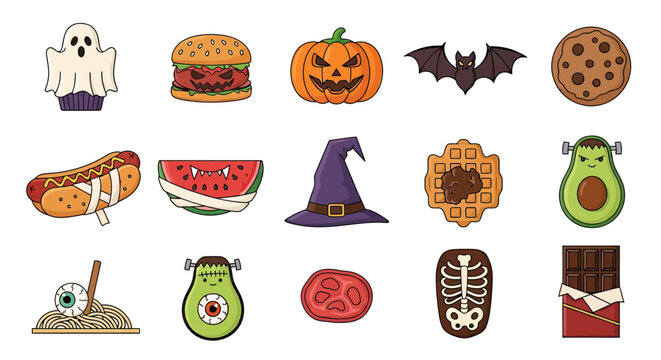Spooky Halloween themed food and snack cartoon character icons.