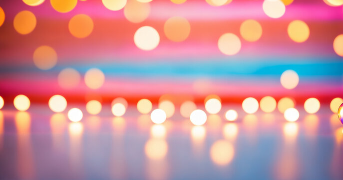bright glowing colorful circular bokeh lights on a dark glossy surface