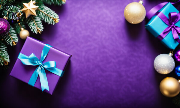 purple christmas gift box flat lay with blue ribbon