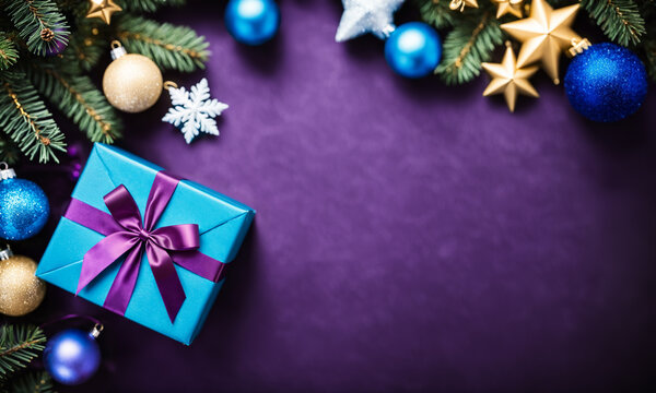 blue gift box with purple ribbon and gold stars