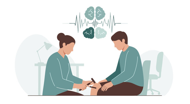 Neurologist examines patient's reflexes with EEG brain wave display