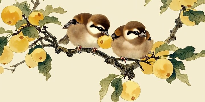 Ink Wash Painting Two Sparrows And Loquats Brown White Birds On Dark Branch Green Leaves Yellow Fruits One Sparrow Pecking Other Looking Forward Gnarled Branch Light Beige Backdrop