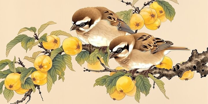 Chinese Ink Art Two Brown Sparrows Perched On Branch Laden With Green Leaves And Yellow Loquats Fluffy Plumage Black Eyes One Bird Eating Fruit Plain Light Beige Background