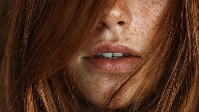 A woman with flowing red hair partially obscures her face, revealing freckles and soft lips. The warm light enhances her natural beauty and creates a serene atmosphere.